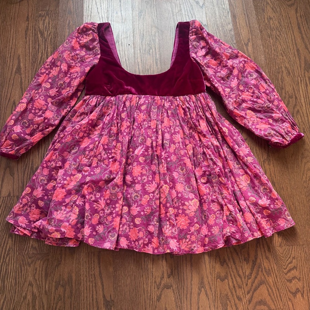 Free People Floral Velvet Empire Waist Mini Dress Pink Magenta XL